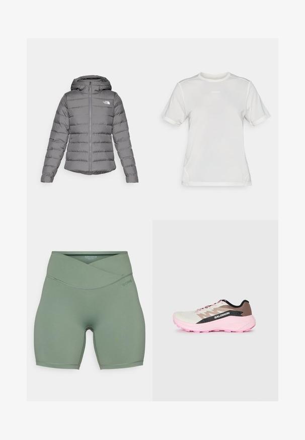 Sivá nafukovacia bunda s kapucňou, so svetlým horizontálnym prešívaním, predným zipsom a logom "The North Face" na ľavej hrudi.; Biela športová sieťovina s krátkym rukávom a okrúhlym výstrihom s malým logom "Salomon" umiestneným v strede hrudníka.; Vysoké zelené šortky vyrobené z elastického materiálu, so preloženým designom v páse a jemnými textúrovanými akcentmi po stranách.; Ľahká bežecká obuv v bielej, hnedej a ružovej farbe. Má priedušný zvršok, textúrované šedé akcenty a ružovú gumovú podrážku.
