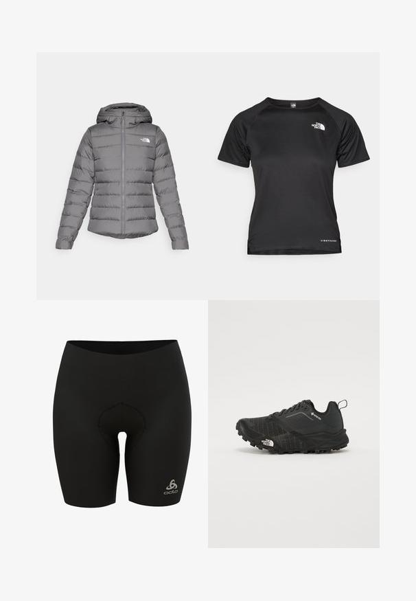 Grå hettejakke med puffer, med horisontalt søm, frontlås og "The North Face"-logo på venstre bryst.; Svart t-skjorte med korte ermer i lett stoff. Har rund hals, strukturert mønster, og en hvit logo på øverste venstre bryst.; Svarte sykkelshorts laget av stretchy stoff, med polstret innside, høy midje og en liten logo på nedre høyre side.; Svart idrettssko med en teksturert overdel, snøring og en gummisåle. Har forsterket hæl og en logo på siden.