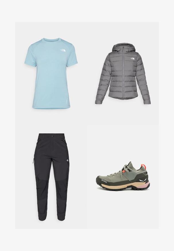 Sivi puffer jakna s kapuljačom, koja sadrži horizontalne šavove, prednji patentni zatvarač i logo "The North Face" na lijevoj strani grudi.; Svijetloplava majica s kratkim rukavima i okruglim izrezom. Ima mekanu tkaninu, raglan rukave i bijeli logotip na gornjem lijevom dijelu prsnog koša.; Crne vanjske hlače izrađene od izdržljivog materijala. Imaju džepove sa zatvaračem, ojačane paneli na koljenima i ravni kroj za slobodu pokreta.; Lagani zeleni planinarski cipela od mrežastih i gumiranih materijala, crni potplat za prianjanje, ružičasti i narančasti detalji, te ojačani kapica za nožne prste.