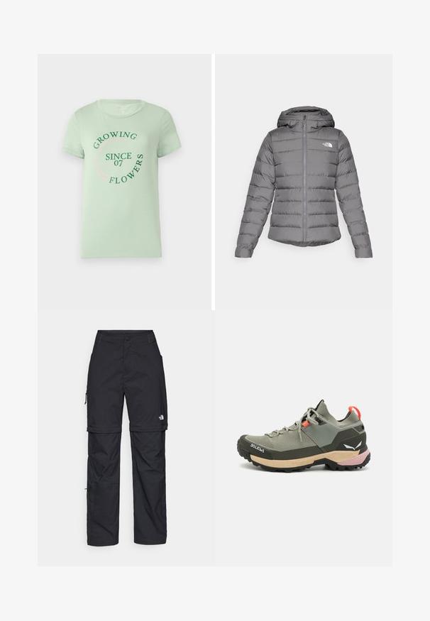 Pilkas pūkinis džemperis su gobtuvu, horizontalios siūlės, priekinis užtrauktukas ir "The North Face" logotipas kairėje krūtinės pusėje.; Šviesiai žalia medvilninė marškinėliai trumpomis rankovėmis. Priekyje yra apskrito teksto užrašas: "Augindami gėles nuo 07" žaliai ir rožine spalvomis. Apvalus iškirpimas.; Juodos nailoninės krovinių kelnės su reguliuojamais rankovėmis, daugybe kišenių ir logo ant dešinės kojos. Lygi, lengva tekstūra.; Lengvas žalias žygio batelis, pagamintas iš tinklinės ir gumos medžiagų, su juodu sukibimo padu, rožinėmis ir oranžinėmis akcentais bei sustiprintu bato galiuku.