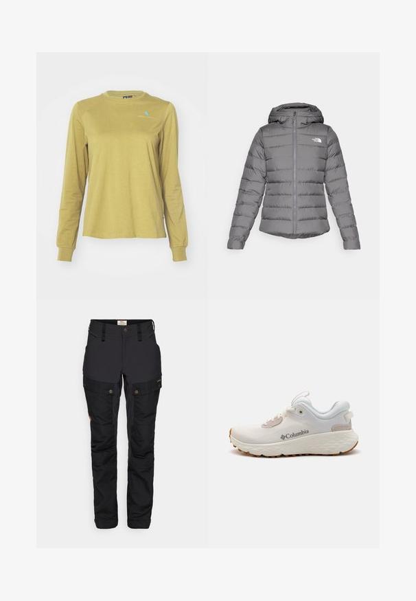 Pilkas pūkinis džemperis su gobtuvu, horizontalios siūlės, priekinis užtrauktukas ir "The North Face" logotipas kairėje krūtinės pusėje.; Klättermusen ROOT LOGO TEE - Ilgarankovis viršutinės dalies drabužis - meadow green; Juodi lauko keliai su tvirtu tekstūru, turintys krovininius kišenes, reguliuojamą liemenį ir sagčių uždarymą, sukurti funkcionalumui ir patogumui.; Lengvas Columbia sportinis batelis balto tinklinio audinio su tekstūruota pilka padanga ir guma sukibimui. Yra paminkštinta apykaklė ir raištelių dizainas.