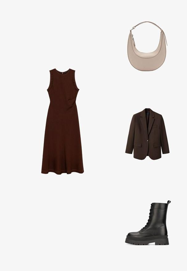 Blazer marrone con rever a punta, chiusura con un bottone, due tasche frontali e una tasca sul petto. Realizzato in tessuto morbido, con un design su misura.; Mango Vestito casual - brown; Stivali alla caviglia in pelle nera con suola piatta robusta, design con lacci e una linguetta sul tallone. Finitura opaca con motivi testurizzati.; Borsa a spalla in pelle beige con forma a mezzaluna, texture liscia e un'unica maniglia curva. Presenta una chiusura con zip e cuciture curate.