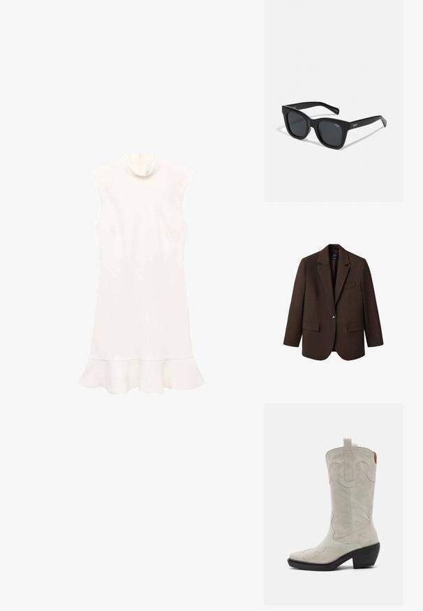 Blazer marrone con rever a punta, chiusura con un bottone, due tasche frontali e una tasca sul petto. Realizzato in tessuto morbido, con un design su misura.; Abito bianco senza maniche con collo alto, dotato di un orlo svasato e una texture liscia. Design semplice senza motivi o hardware visibile.; Stivale da cowboy in pelle scamosciata bianca con punta affilata, cuciture decorative e tacco corto. Presenta una linguetta nella parte superiore per facilitarne l'indossamento.; Occhiali da sole neri rettangolari con una montatura in plastica liscia e lenti scure. Logo "QUAY" di colore bianco sul lato. Design minimalista.; Borsa a spalla in pelle beige con forma a mezzaluna, texture liscia e un'unica maniglia curva. Presenta una chiusura con zip e cuciture curate.