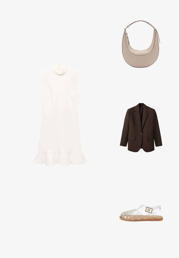 Brown blazer with a notched lapel, single button closure, two front pockets, and a chest pocket. Made from smooth fabric, featuring a tailored design.; White sleeveless dress with a high neck, featuring a flared hem and smooth texture. Simple design without patterns or visible hardware.; Transparent PVC sandal with open toe, braided design, and a gold-accented buckle. Flat sole with light tan finish.; Beige leather shoulder bag with a crescent shape, smooth texture, and a single curved handle. Features a zip closure and neat stitching.