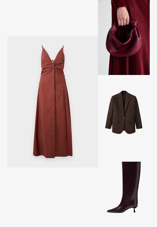 Brun blazer med klapkrave, enkelt knaplukning, to frontlommer og en brystlomme. Fremstillet i glat stof med en skræddersyet design.; Rustfarvet maxikjole med dyb V-udskæring, justerbare spaghetti-stropper, en rucheret overdel og knapdetaljer foran. Glat stof.; Kniehøje bordeaux læderstøvler med en slank, struktureret finish, spids tå og en tynd, stablet hæl for ekstra højde.; Bordeaux læderhåndtaske med et blødt, samlet design og en rund form. Håndtaget er sikret og viser en glat tekstur.