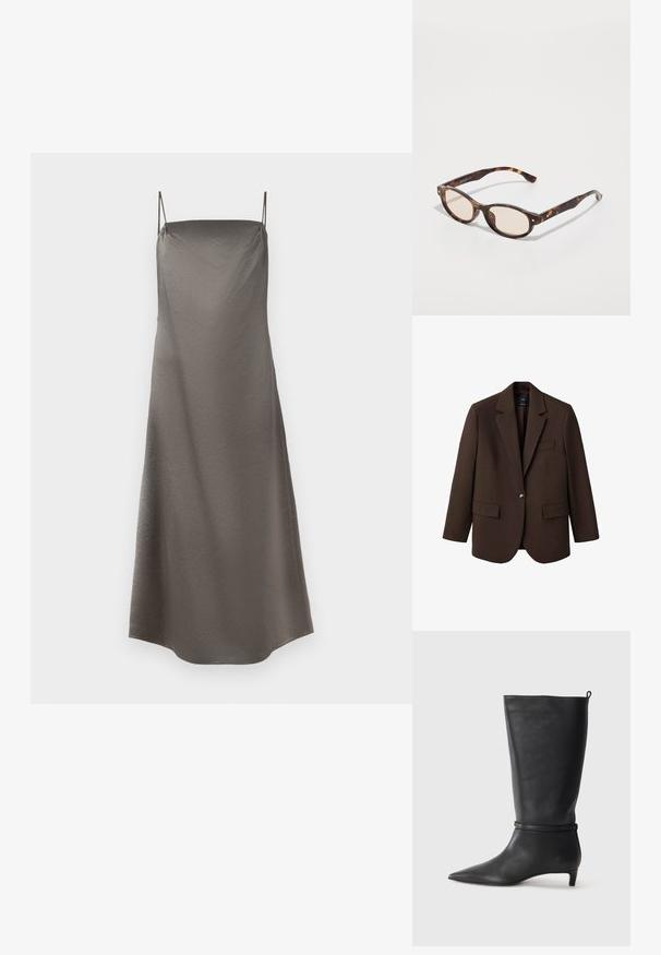 Hnedý blejzer s klopou, jedným gombíkom, dvomi prednými vreckami a vreckom na hrudi. Vyrobený z hladkej látky s prešívaným dizajnom.; Satinová šaty na ramienka v tlmenom sivej farbe, s tenkými ramienkami, uvoľneným strihom a jemným textúrovaným povrchom.; Čierne kožené vysoké čižmy po kolená s špicatou špičkou, s okrúhlym remienkom okolo členku a nízkym, zúženým podpätkom. Hladký povrch.; Kocúrkové slnečné okuliare s guľatým tvarom a svetlými sklami. Majú robustné ramená s malými zlatými akcentmi, vyrobené z plastového materiálu.; Čierna kožená taška cez rameno s textúrovaným povrchom, obsahujúca dve vertikálne línie, dvojitými ramennými popruhmi a minimalistickým designom.