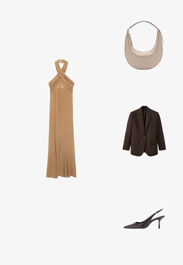 Ruskea bleiseri, jossa on viistetty kaulus, yksittäinen napin suljenta, kaksi etutaskua ja rintatasku. Valmistettu sileästä kankaasta, joka sisältää muotoiltua suunnittelua.; Haltterikaulimekko pehmeässä beigeessä kankassa, jossa on poimutusala yksityiskohtia kauluksessa ja virtaava, lattiatason muotoilu.; Korkokenkä, jossa on terävä kärki ja avokanta, valmistettu tummanruskeasta kiillon nahasta. Kenkässä on hoikka korkea korko ja säädettävä nilkkastrappi, jossa on solki.; Vaaleanbeige nahkainen olkalaukku, jossa on kuu-ukko muoto, sileä pinta ja yksi kaareva kahva. Varusteena vetoketjukiinnitys ja siisti ompelu.