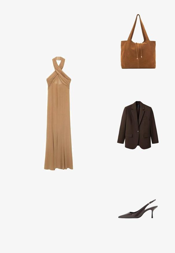 Smeđi sako s izrezanim reverom, s jednim kopčanjem, s dva prednja džepa i jednim džepom na prsima. Napravljen od glatkog materijala, s oblikovanim dizajnom.; Halterska haljina od mekog bež materijala, s nabranim detaljima oko izreza i lepršavim, haljinu do poda.; Sandalice s uskim potpeticama u tamnosmeđoj lakiranoj koži, s uskom visokom potpeticom i prilagodivim remenom oko gležnja s kopčom.; Smeđa antilop torba za ruke s dva duga remena, zatvaranje na vezicu i minimalistički dizajn. Glatka tekstura i bez vidljivih metalnih elemenata.