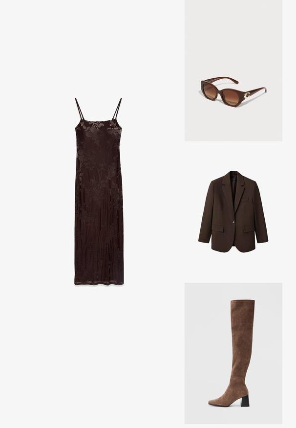 Brown blazer with a notched lapel, single button closure, two front pockets, and a chest pocket. Made from smooth fabric, featuring a tailored design.; Long, sleeveless dress in dark brown fabric with floral pattern. Features thin straps and a fitted silhouette, smooth texture, and flowing design.; Brown over-the-knee boots made of soft suede with a pointed toe and a chunky black heel. The design features seamless stitching for a sleek look.; Brown plastic sunglasses with a cat-eye shape, gradient brown lenses, and a gold-tone logo detail on the temple. Smooth texture.; Brown woven bucket bag with a structured shape, smooth leather accents, a top handle, and a detachable shoulder strap. Gold hardware details.