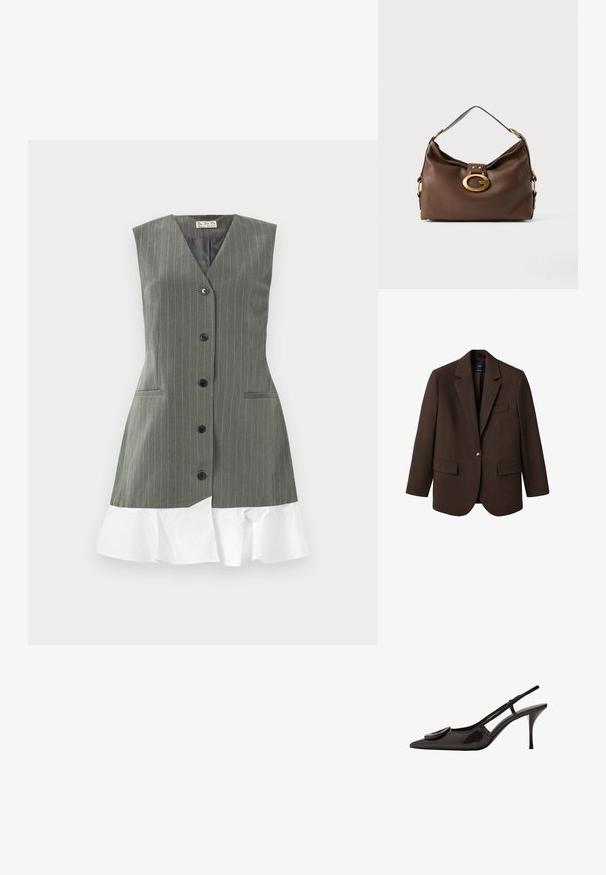 Blazer marrón con solapa muesca, cierre de un botón, dos bolsillos frontales y un bolsillo en el pecho. Hecho de una tela suave, con un diseño entallado.; Vestido sin mangas de rayas grises con botones negros en la parte delantera y un dobladillo rizado blanco frente a un fondo liso.; Zapato de charol negro tipo slingback con punta afilada, diseño minimalista, pequeño acento circular en el empeine y tacón esbelto.; Bolso de mano de cuero marrón con un acabado texturizado, que presenta un cierre de hardware en tono dorado y una única correa de hombro curva.
