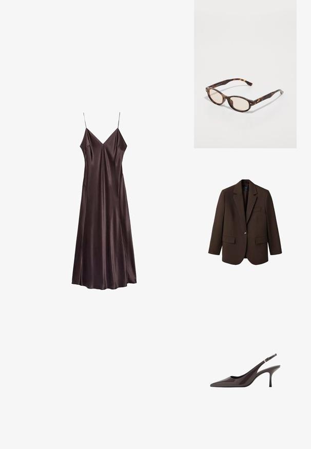 Hnědý blejzr s klopami, jednobotonovým zapínáním, dvěma předními kapsami a kapsou na prsou. Vyroben z hladké tkaniny s přesně střiženým designem.; Čokoládově hnědá saténová šaty na ramínka s V-výstřihem a plynulým lemem, který sahá po lýtka. Hladká textura a minimalistický design.; Slaměné lodičky s špičatou špičkou v tmavě hnědé lakované kůži, s úzkým vysokým podpatkem a nastavitelním zápěstním páskem se sponou.; Sluneční brýle ve tvaru zakulacené skořápky s lehkými čočkami. Mají robustní nohy se zlacenými akcenty, vyrobené z plastového materiálu.; Hnědá semišová taška s kulatým tvarem, zlatým kováním na sponě a kontrastním černým lemováním. Obsahuje jedno ramenní ucho pro jednoduché nošení.