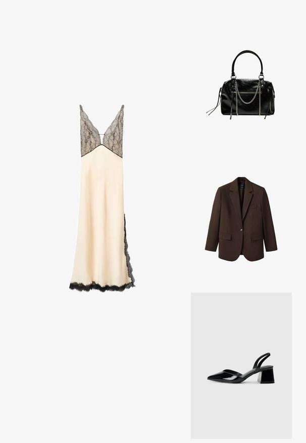 Ruskea bleiseri, jossa on viistetty kaulus, yksittäinen napin suljenta, kaksi etutaskua ja rintatasku. Valmistettu sileästä kankaasta, joka sisältää muotoiltua suunnittelua.; Kermainen satiiniyömekko, jossa on musta pitsiyläosa ja reunus. V-pääntie ja säädettävät olkaimet. Lattiapituinen, sivuilla pitsiyksityiskohtia.; Mustat patentoitu nahkakengät, joissa on säären takaosa ja terävä kärki, sekä geometrinen palikkakorko. Sisältää tyylikkään, minimalistisen muotoilun ja sileän pinnan.; Bershka WITH CHAIN - Käsilaukku - black