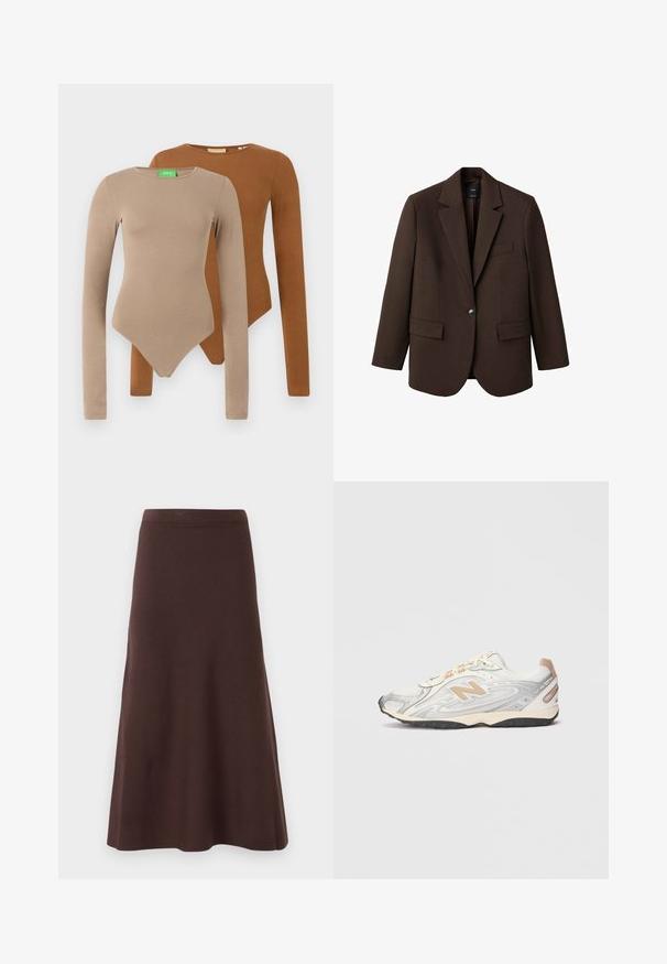 Rjav blazer s spodnjim ovratnikom, enojnim gumbom, dvema sprednjima žepoma in žepom na prsih. Narejen iz gladkega materiala in ima krojen dizajn.; Rdeča pletena pulover s visokim ovratnikom, spušenimi rameni in rebrastimi manšetami. V slogu nad belim zgornjim delom, v kombinaciji z črnimi hlačami.; Dva dolge rokave oprijeta telesa z okroglo ovratnikom, ena bež in ena rjava, prikazana prekrivajoče se na belem ozadju.; Rjava krila v A-liniji, izdelana iz gladkega materiala, z oprijetim pasom in rahelim robom, brez vidnih vzorcev ali okrasnih elementov.; Športni čevlji v svetlo sivi barvi s srebrnimi detajli, mrežast gornji del, bež podrobnosti in črna gumijasta podlaga. Vključujejo vezalke in oblazinjen ovratnik.