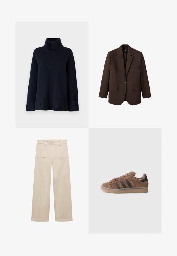 Blazer marrone con rever a punta, chiusura con un bottone, due tasche frontali e una tasca sul petto. Realizzato in tessuto morbido, con un design su misura.; Maglione a collo alto di un blu navy scuro con texture a coste, vestibilità ampia e polsini larghi. Presenta un colletto alto e un design in un colore uniforme.; Pantaloni beige a gamba larga in cotone. Presentano una chiusura con zip, un bottone frontale e due tasche applicate sul retro. Orlo pulito senza decorazioni.; Scarpa da ginnastica in pelle scamosciata marrone con tre strisce scure, fronte con lacci a trama, e tacco nero a contrasto. Presenta suola in gomma e marchio dorato.