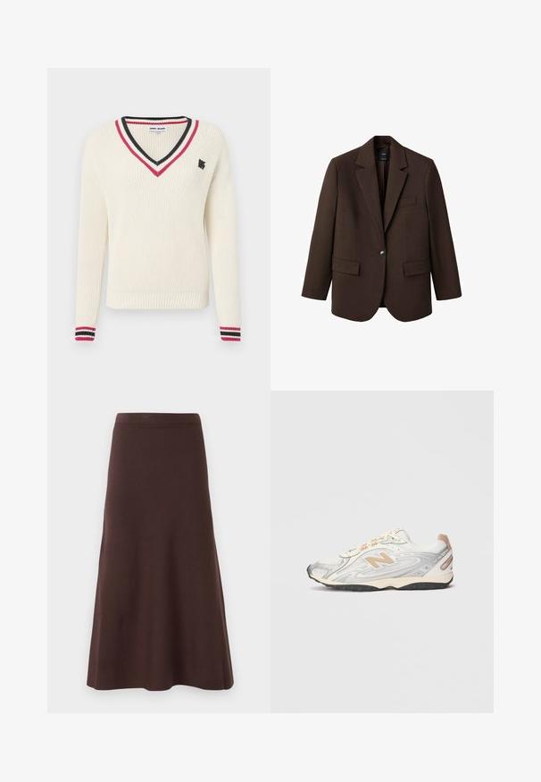 Rjav blazer s spodnjim ovratnikom, enojnim gumbom, dvema sprednjima žepoma in žepom na prsih. Narejen iz gladkega materiala in ima krojen dizajn.; Kremna pulover s V-izrezom in rebrasto teksturo, ki ima rdeče in črne črtaste akcentne detajle na ovratniku in manšetah ter majhen logotip na prsih.; Dva dolge rokave oprijeta telesa z okroglo ovratnikom, ena bež in ena rjava, prikazana prekrivajoče se na belem ozadju.; Rjava krila v A-liniji, izdelana iz gladkega materiala, z oprijetim pasom in rahelim robom, brez vidnih vzorcev ali okrasnih elementov.; Športni čevlji v svetlo sivi barvi s srebrnimi detajli, mrežast gornji del, bež podrobnosti in črna gumijasta podlaga. Vključujejo vezalke in oblazinjen ovratnik.