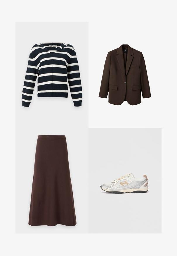 Hnedý blejzer s klopou, jedným gombíkom, dvomi prednými vreckami a vreckom na hrudi. Vyrobený z hladkej látky s prešívaným dizajnom.; Námořnický a bílý pruhovaný svetr, design do V, dlouhé rukávy, vyrobený z měkkého materiálu, s mírně uvolněným střihem a žebrovanými manžetami.; Dvoje dlhých rukávov, priliehavé body s okrúhlymi výstrihmi, jedno béžové a jedno hnedé, zobrazené tak, že sa prekrývajú na bielom pozadí.; Hnedá áčková sukňa vyrobená z hladkej látky, s priliehavým pásom a rozšíreným spodkom, bez viditeľných vzorov alebo ozdôb.; Športové tenisky svetlosivej farby so striebornými akcentmi, sieťovaným vrchom, béžovými detailmi a čiernou gumovou podrážkou. Obsahujú šnúrky a polstrovaný golier.