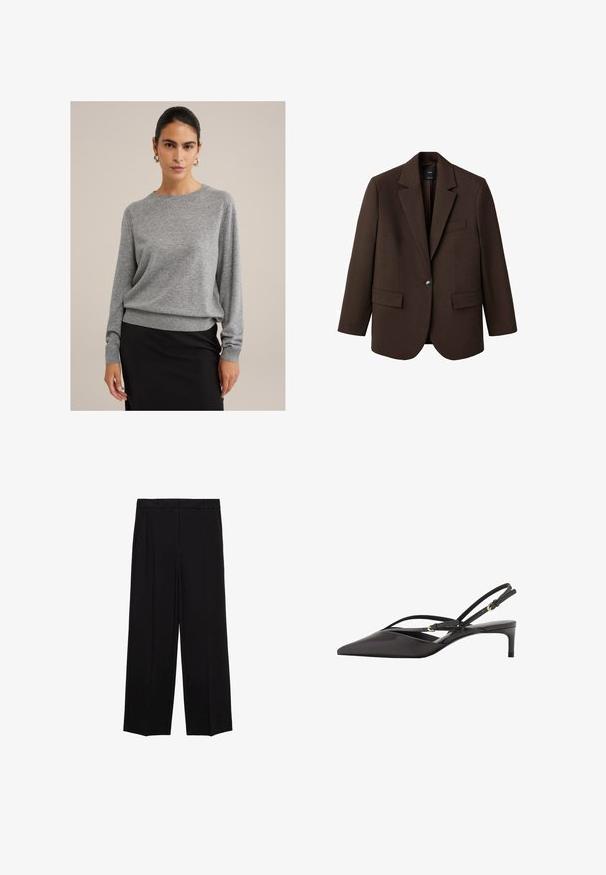 Sacou maro cu rever în formă de V, închidere cu un singur nasture, două buzunare frontale și un buzunar pe piept. Fabricat dintr-un material neted, având un design ajustat.; Pulover gri realizat dintr-un material tricotat moale, având un guler rotund, manșete ribbate și o croială lejeră. Asortat cu o fustă neagră.; Pantaloni negri cu croială largă dintr-un material neted, cu pliseuri în față și buzunare laterale, concepuți cu o croială dreaptă și relaxată.; Pantofii slingback din piele neagră au vârful ascuțit, bretele subțiri la glezne și un toc stiletto redus. Textură netedă cu un design minimalist.