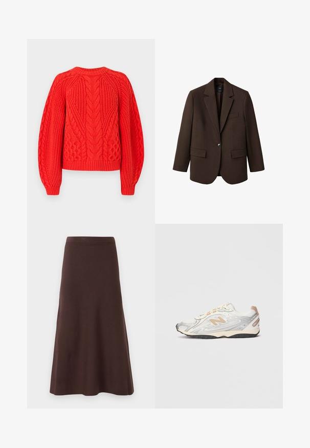 Smeđi sako s izrezanim reverom, s jednim kopčanjem, s dva prednja džepa i jednim džepom na prsima. Napravljen od glatkog materijala, s oblikovanim dizajnom.; Crvena pletiva džemper s teksturiranim uzorcima, okruglim izrezom i rebrastim rubom. Dizajniran s dugim, blago napuhanim rukavima.; Dva dugih rukava pripijena bodija s okruglim izrezom, jedan bež i jedan smeđi, prikazana preklopljena na bijeloj pozadini.; Smeđa A-linijska suknja izrađena od glatkog materijala, s uskim strukom i raširenim rubom, bez vidljivih uzoraka ili ukrasa.; Sportske tenisice u svijetlo sivoj boji s srebrnim akcentima, gornji dio od mrežaste tkanine, bež detalji i crna gumena potplata. Imaju vezice i podstavljeni ovratnik.