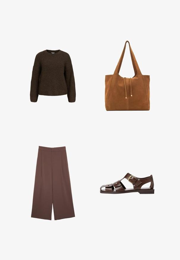 Ruskea bleiseri, jossa on viistetty kaulus, yksittäinen napin suljenta, kaksi etutaskua ja rintatasku. Valmistettu sileästä kankaasta, joka sisältää muotoiltua suunnittelua.; Ruskea neulepaita, jossa on pitkät hihat, pyöreä pääntie ja rento malli. Paidan pinnassa on pehmeä tekstuuri sekä ribbaatut hihansuut ja helma.; Ruskeat leveälahkeiset housut, joissa on sileä pinta, korkea vyötärö ja etupleat. Kangas on kevyttä ja laskeutuu väljänä.; Ruske nahkale sandale s izrezanim dizajnom, prilagodljivo sponko na strani in ravnim podplatom, z metalnimi detajli in odprtimi prsti.; Ruskea nubuk-olkalaukku, jossa on kaksi pitkää hihnaa, naru- ja minimalinen sulkemismekanismi. Tasainen pinta ja ei näkyviä metalliosia.