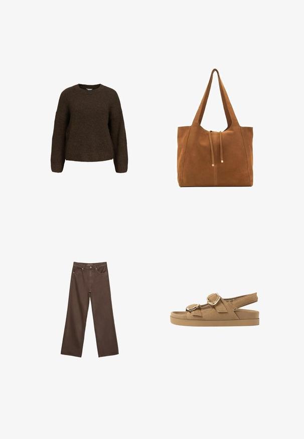 Brown blazer with a notched lapel, single button closure, two front pockets, and a chest pocket. Made from smooth fabric, featuring a tailored design.; Brown, knitted sweater with long sleeves, a crew neck, and a relaxed fit. Features a soft texture and ribbed cuffs and hem.; Wide-leg brown jeans made of denim, featuring a high waist, front pockets, and a classic button closure. Smooth texture with subtle stitching.; Tan suede sandals with two adjustable straps, gold hardware accents, and a thick cushioned sole for comfort and support.; Brown suede tote bag with two long straps, drawstring closure, and minimalistic design. Smooth texture and no visible hardware accents.