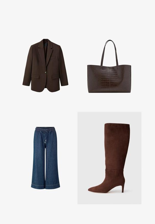 Brun kavaj med slag, enknapplåsning, två framfickor och en bröstficka. Tillverkad av ett slätt tyg och har en skräddarsydd design.; Massimo Dutti FLOWING GARMENT WITH RUFFLES - Skjorta - beige; Denim vidbenade byxor med elastisk midja, snörstängning och detaljer i silver. Mörkblå färg med sydd fåll.; Bruna mocka knähöga stövlar med spetsig tå och stilettklack. Slät textur och minimalistisk design. Ingen synlig hårdvara eller dekorationer.; Brun krokodil-texturerad tote-väska med två robusta remmar, rektangulär form och slät glansig finish; har en central sömdetalj.