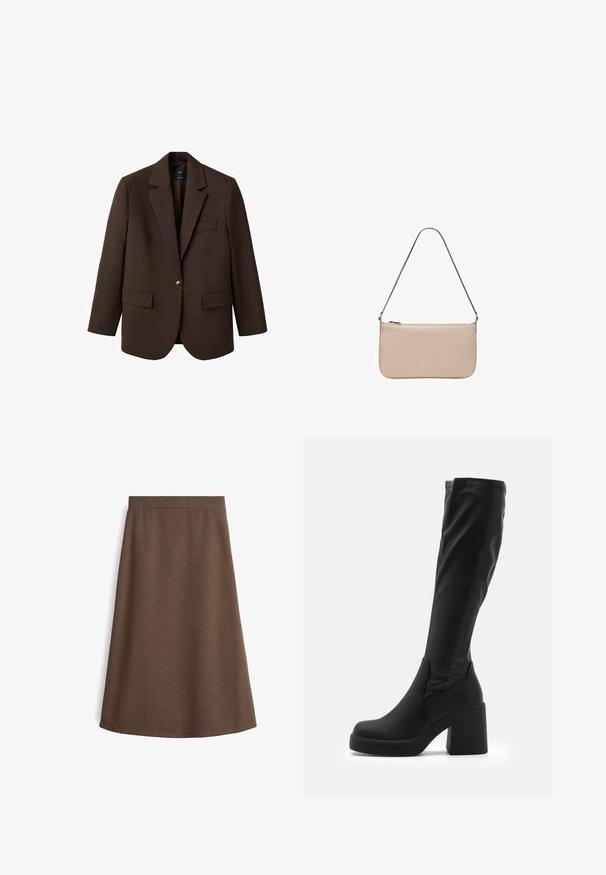 Blazer marrone con rever a punta, chiusura con un bottone, due tasche frontali e una tasca sul petto. Realizzato in tessuto morbido, con un design su misura.; Top asimmetrico rosa con texture arricciata, caratterizzato da un lungo dettaglio a sciarpa. Abbinato a pantaloni larghi marroni. Tessuto morbido, design minimalista.; Gonna A-line marrone realizzata in tessuto morbido, con una superficie liscia e una vita elastica. Il design è all'altezza del ginocchio con una forma semplice e classica.; Stivali neri fino al ginocchio realizzati in materiale sintetico liscio, con un tacco a blocco spesso e un design lineare con parte superiore elasticizzata.; Borsa rettangolare beige con una texture liscia, una tracolla in catena argentata e una chiusura a zip nella parte superiore. Design semplice e minimalista.