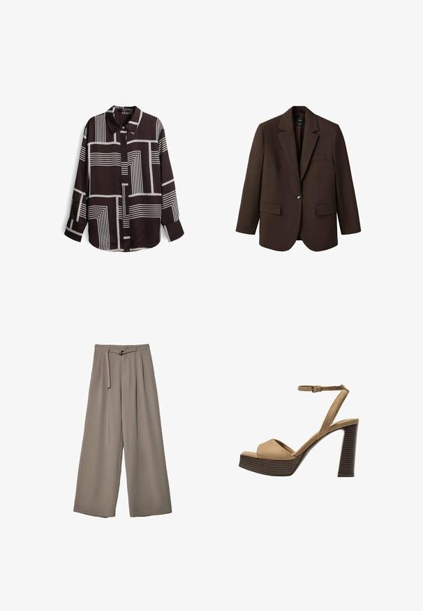 Blazer marrone con rever a punta, chiusura con un bottone, due tasche frontali e una tasca sul petto. Realizzato in tessuto morbido, con un design su misura.; Camicia marrone a maniche lunghe con un motivo geometrico a righe bianche, design con collo e chiusura anteriore con bottoni. Tessuto liscio e leggero.; Pantaloni a gamba larga in un morbido tessuto grigio tenue, con vita con cintura e pieghe per un tocco di design aggiuntivo. Texture liscia, senza motivi.; Sandali con tacco alto in suede beige, con una larga fascetta anteriore e una fascetta alla caviglia, dotati di un tacco blocco in legno spesso con una finitura testurizzata.