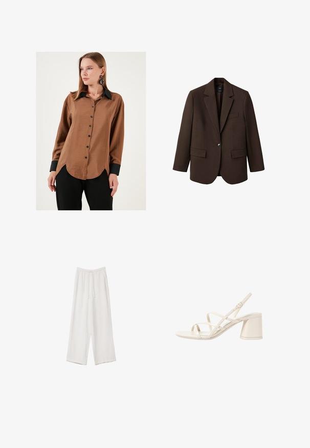 Brauner Blazer mit Reverskragen, einem einreihigen Knopfverschluss, zwei vorderen Taschen und einer Brusttasche. Hergestellt aus glattem Stoff, mit taillierter Passform.; Braunes Satin-Hemd mit Knöpfen und schwarzem Kragen sowie Manschetten, mit abgerundetem Saum und schwarzen Knöpfen, getragen zu schwarzen Hosen.; Weiße weit geschnittene Hose aus leichtem Stoff. Mit einem elastischen Bund und Kordelzug sowie Seitentaschen. Glatte Textur.; Beige High Heels Sandalen mit schlanken, überkreuzten Riemen, offener Zehenpartie und einem quadratischen Blockabsatz. Glänzende Lack-Oberfläche, verstellbarer Knöchelriemen.