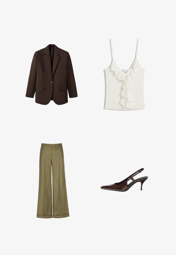 Bruine blazer met een opstaande revers, enkele knoopsluiting, twee zijzakken en een borstzak. Gemaakt van gladde stof, met een getailleerd ontwerp.; Witte mouwloze top met een V-halslijn, voorzien van ruches langs het midden. Gemaakt van een zachte, gemêleerde stof.; Luisa Spagnoli OSPITALITA - Broek - verde bosco; Bruine gepatenteerde leren slingback pump met een spits toelopende neus, open uitsparingen en een dunne hak. Voorzien van een verstelbare gesp.