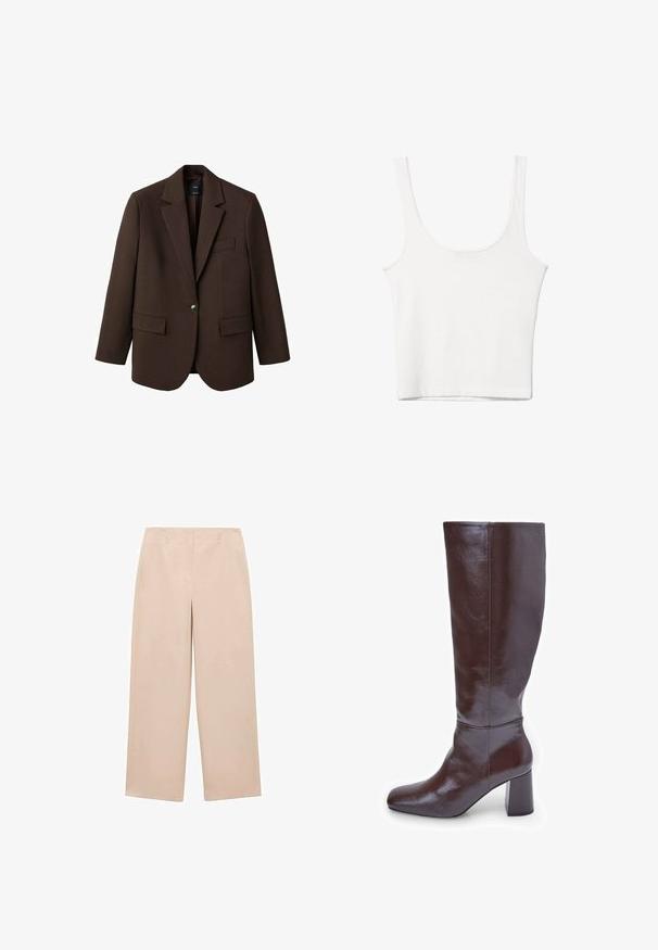 Ruskea bleiseri, jossa on viistetty kaulus, yksittäinen napin suljenta, kaksi etutaskua ja rintatasku. Valmistettu sileästä kankaasta, joka sisältää muotoiltua suunnittelua.; Valkoinen puuvillainen hihaton toppi, jossa on pyöristetty pääntie, ei hihoja ja vartalonmyötäinen muoto. Sileä pinta, yksinkertainen muotoilu ja vähäiset ompeluyksityiskohdat.; Vaaleanbeiget, leveälahkeiset housut, jotka on valmistettu sileästä kankaasta. Housuissa on suora etuosa vyölenkeillä eikä näkyviä kuvioita tai koristeita.; Kastanjanahuiset polvipituiset saappaat, joissa on neliönmallinen kärki ja jykevä korko. Pintakäsittely on kiiltävä, mikä korostaa sileää rakennetta ja muotoiluviivoja.