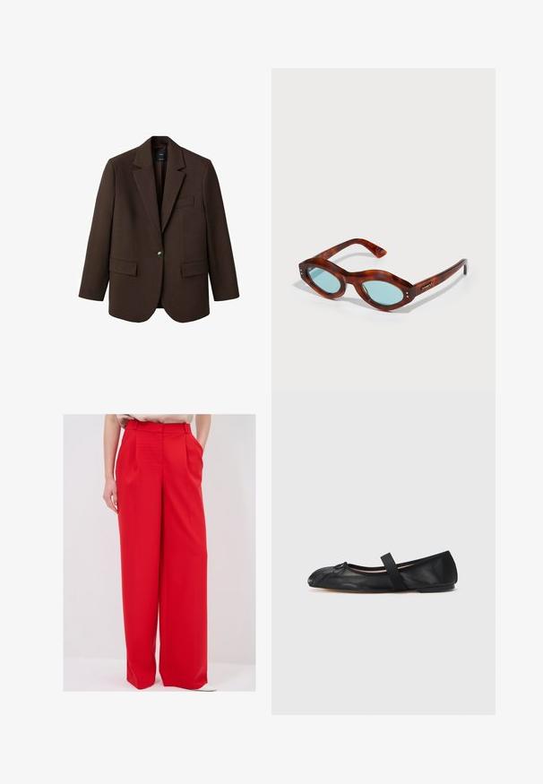 Brun blazer med klapkrave, enkelt knaplukning, to frontlommer og en brystlomme. Fremstillet i glat stof med en skræddersyet design.; To hvide bomulds t-shirts med korte ærmer, rund halsudskæring og en tætsiddende silhuet, der viser en glat tekstur og et minimalistisk design.; Røde vidde bukser med høj talje, der har skarpe folder og sidelommer, lavet af glat stof. Bunden slutter over skoene.; Sorte læder ballerinaer med afrundet tå, prydet med en lille sløjfedetalje og en rem over forsiden. Glat tekstur, flad sål.; Brune skildpadde-sollebriller med en kraftig, oval form, der har blå linser og metaldetaljer på fronten og stængerne.