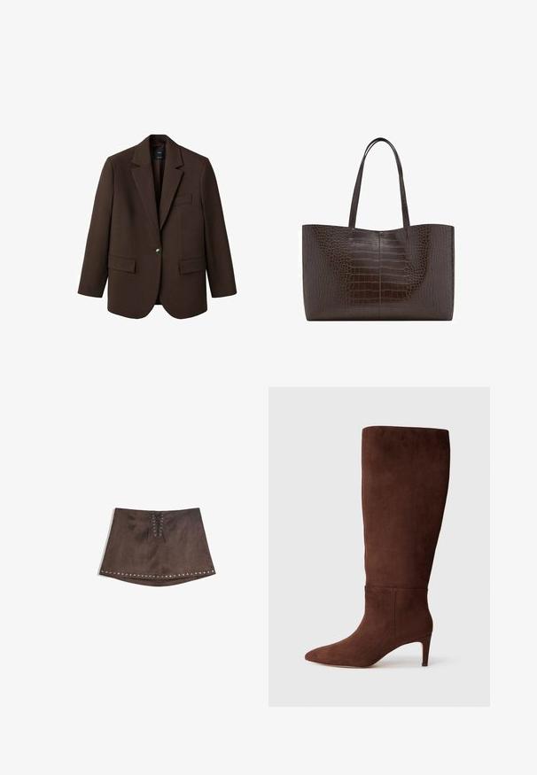 Hnedý blejzer s klopou, jedným gombíkom, dvomi prednými vreckami a vreckom na hrudi. Vyrobený z hladkej látky s prešívaným dizajnom.; Hnedý body s nastaviteľnými ramienkami a čipkovým lemom na hlbokom výstrihu do V. Hladká textúra, priliehavý strih a vysoko vystrihnuté nohavice.; Hnedá umelá semišová mini sukňa s predným šnurovaním a striebornými klinecami pozdĺž lemu. Hladká textúra, A-čkový strih a krátka dĺžka.; Hnedé zamatové vysoké čižmy po kolená s špicatou špičkou a stiletto podpätkom. Hladká štruktúra a minimalistický dizajn. Žiadne viditeľné kovania ani akcenty.; Hnedá taška cez rameno s krokodílou textúrou, so starými dvoma popruhmi, obdĺžnikový tvar a hladký lesklý povrch; obsahuje stredový šev.