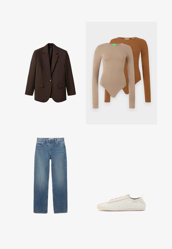 Brown blazer with a notched lapel, single button closure, two front pockets, and a chest pocket. Made from smooth fabric, featuring a tailored design.; Two long-sleeve fitted bodysuits with round necks, one beige and one brown, displayed overlapping on a white background.; Light blue denim jeans with a straight cut, five pockets, and copper-tone hardware. The fabric has a slight fade and a smooth texture.; Cream leather sneaker with a rounded toe, lace-up design, textured accents, and textured rubber sole featuring zigzag traction pattern.