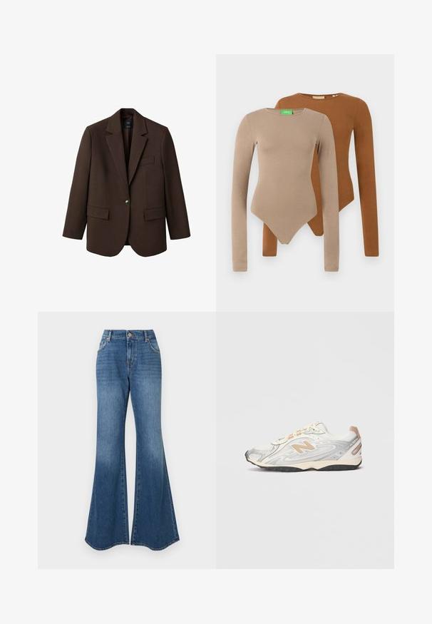 Brown blazer with a notched lapel, single button closure, two front pockets, and a chest pocket. Made from smooth fabric, featuring a tailored design.; Two long-sleeve fitted bodysuits with round necks, one beige and one brown, displayed overlapping on a white background.; Blue flared jeans featuring a classic denim material, high waist, and subtle fading with a wide ankle opening, no visible embellishments.; Sport sneaker in light gray with silver accents, mesh upper, beige details, and black rubber outsole. Features laces and a padded collar.