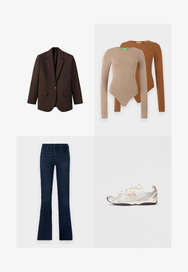 Smeđi sako s izrezanim reverom, s jednim kopčanjem, s dva prednja džepa i jednim džepom na prsima. Napravljen od glatkog materijala, s oblikovanim dizajnom.; Dva dugih rukava pripijena bodija s okruglim izrezom, jedan bež i jedan smeđi, prikazana preklopljena na bijeloj pozadini.; Tamno plave traperice s ravnim krojem od denima. Ima pet džepova, zatvaranje na dugme i suptilno izbljeđivanje duž bedara.; Sportske tenisice u svijetlo sivoj boji s srebrnim akcentima, gornji dio od mrežaste tkanine, bež detalji i crna gumena potplata. Imaju vezice i podstavljeni ovratnik.