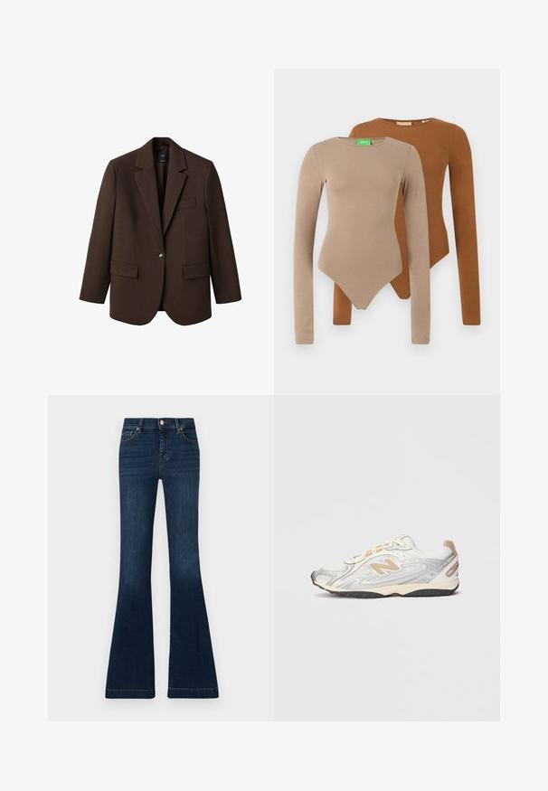 Bruine blazer met een opstaande revers, enkele knoopsluiting, twee zijzakken en een borstzak. Gemaakt van gladde stof, met een getailleerd ontwerp.; Twee aansluitende longsleeve bodysuits met ronde hals, één beige en één bruin, overlappend weergegeven op een witte achtergrond.; Donkerblauwe flared jeans van denim. Hoog taille ontwerp, met vijf zakken en contrasterende stiksels langs de naden. Glad oppervlak, klassieke pasvorm.; Sportsneaker in lichtgrijs met zilveren accenten, bovenwerk van mesh, beige details en zwarte rubberen buitenzool. Voorzien van veters en een gevoerd colletje.