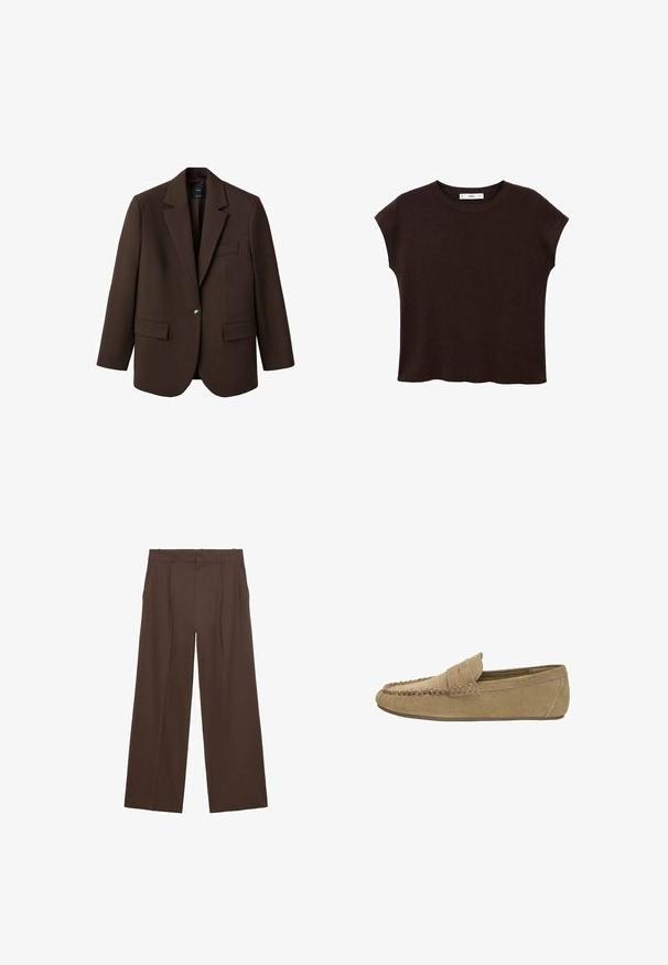 Smeđi sako s izrezanim reverom, s jednim kopčanjem, s dva prednja džepa i jednim džepom na prsima. Napravljen od glatkog materijala, s oblikovanim dizajnom.; Brauni kratki rukavići s okruglim izrezom, izrađeni od teksturiranog materijala. Ima opušteni kroj i blago valoviti donji rub. Čist, minimalistički dizajn.; Smeđe široke hlače napravljene od glatkog materijala, sa visokim strukom, prednjim nabiranjima i dva bočna džepa.; Svijetlosmeđi sued muški loafer s šavnim mokasin vrhom i penny trakama, ravni gumeni potplat, bočni profil na bijeloj pozadini.