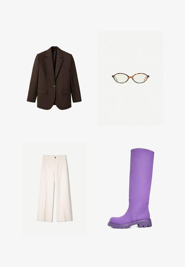 Bruine blazer met een opstaande revers, enkele knoopsluiting, twee zijzakken en een borstzak. Gemaakt van gladde stof, met een getailleerd ontwerp.; Witte korte mouwen trui met een kabelbreipatroon, ronde halslijn en geribbelde onderkant. Zachte textuur, casual pasvorm en een strakke uitstraling.; Crème brede broek met een tailored ontwerp, voorzien van twee voorzakken en een enkele sluiting met een knop aan de voorkant, gemaakt van een gladde stof.; Levendige paarse hoge laarzen tot aan de knie met een gladde, matte afwerking. Stevige, gestructureerde zool met een brede hak. Bevat subtiele stikdetails.; Kattenoogbril met ovale lenzen en een strakke, gladde afwerking. Heeft dunne zijkanten met een subtiele kromming bij de slapen. Transparante lenzen.