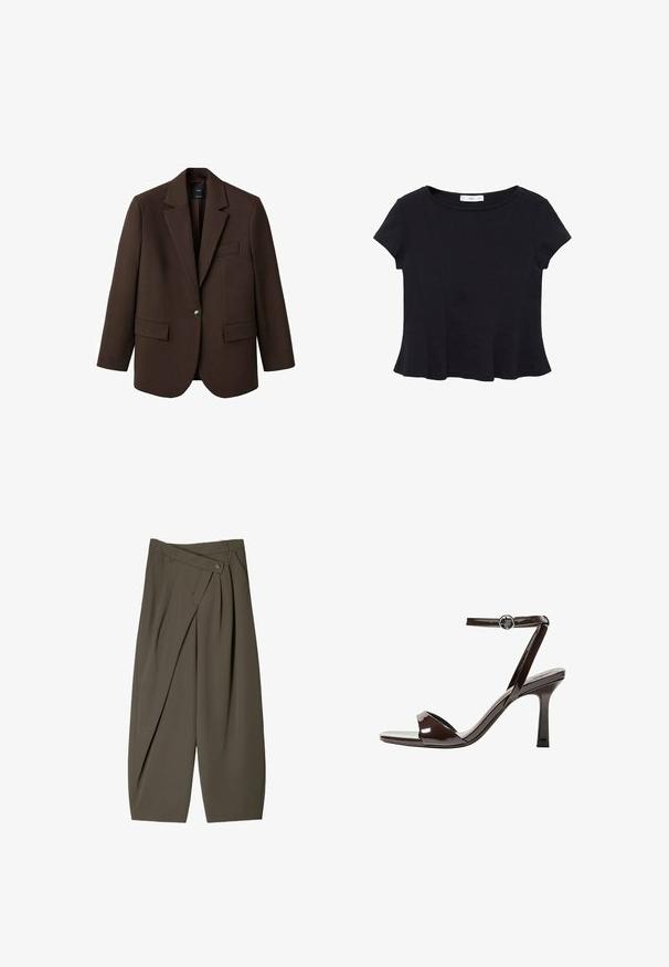 Bruine blazer met een opstaande revers, enkele knoopsluiting, twee zijzakken en een borstzak. Gemaakt van gladde stof, met een getailleerd ontwerp.; Zwarte korte mouwen top van zacht materiaal, met een ronde halslijn en een uitlopende onderkant met subtiele naaddetail. ; Ruime broek in donkergroen stof, met een geplooide voorkant, een knoopsluiting en een gepolijste, gestructureerde afwerking.; Bruine gepatenteerde lederen sandaal met hoge hak, enkelbandje, open teen, en een strak, minimalistisch ontwerp. Voorzien van een vierkante hak.