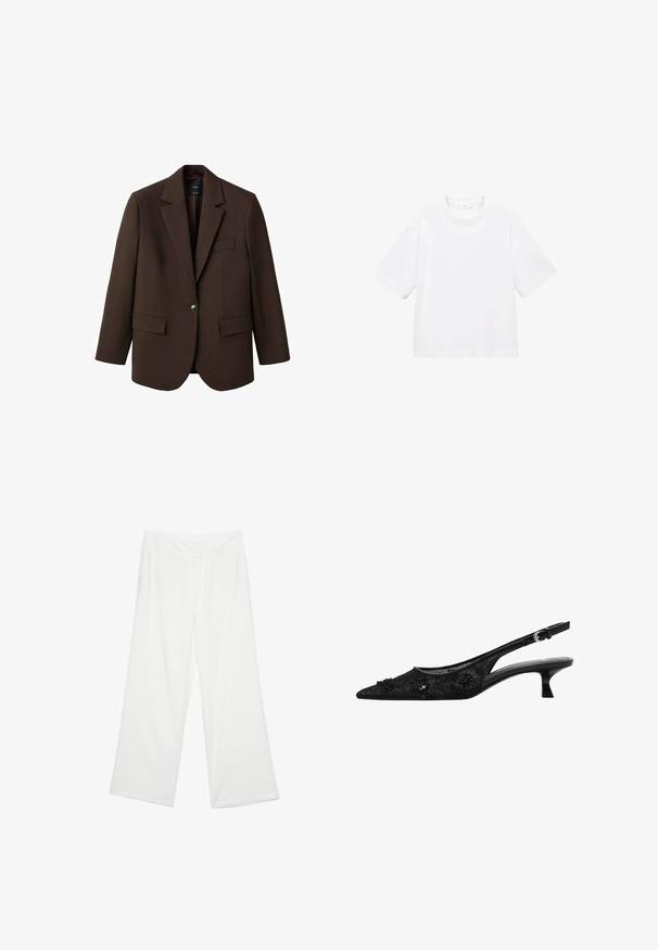 Hnedý blejzer s klopou, jedným gombíkom, dvomi prednými vreckami a vreckom na hrudi. Vyrobený z hladkej látky s prešívaným dizajnom.; Biely bavlnený tričko s krátkym rukávom a okrúhlym výstrihom. Jednoduchý dizajn, voľný strih, hladká textúra. Žiadne vzory ani akcenty nie sú viditeľné.; Biele široké nohavice z látky s hladkým povrchom, prednými vreckami a klasickým pásom s pútkami na opasok.; Čierne lodičky na vysokom podpätku s ostrou špičkou, čipkovým sieťovaným zvrškom, kvetinovými perlovými ozdobami a úzkym, šikmým podpätkom.