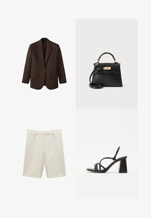 Hnědý blejzr s klopami, jednobotonovým zapínáním, dvěma předními kapsami a kapsou na prsou. Vyroben z hladké tkaniny s přesně střiženým designem.; Bílý bavlněný tričko s krátkým rukávem a kulatým výstřihem. Jednoduchý design, volný střih, hladká textura. Žádné vzory ani zvýraznění nejsou viditelné.; Béžové lněné šortky s přizpůsobeným střihem, s plochým předním dílem, dvojitými skladbami a poutky na opasek. Hladký materiál, délka do poloviny stehna.; Černé sandály na podpatku se čtvercovým, robustním podpatkem, s několika tenkými pásky přes nohu a otevřeným designem na zadní straně. Hladká kožená textura.; Černá kožená kabelka se strukturovaným designem, horním držadlem, odnímatelným popruhem a zlatými detaily na magnetickém uzávěru.