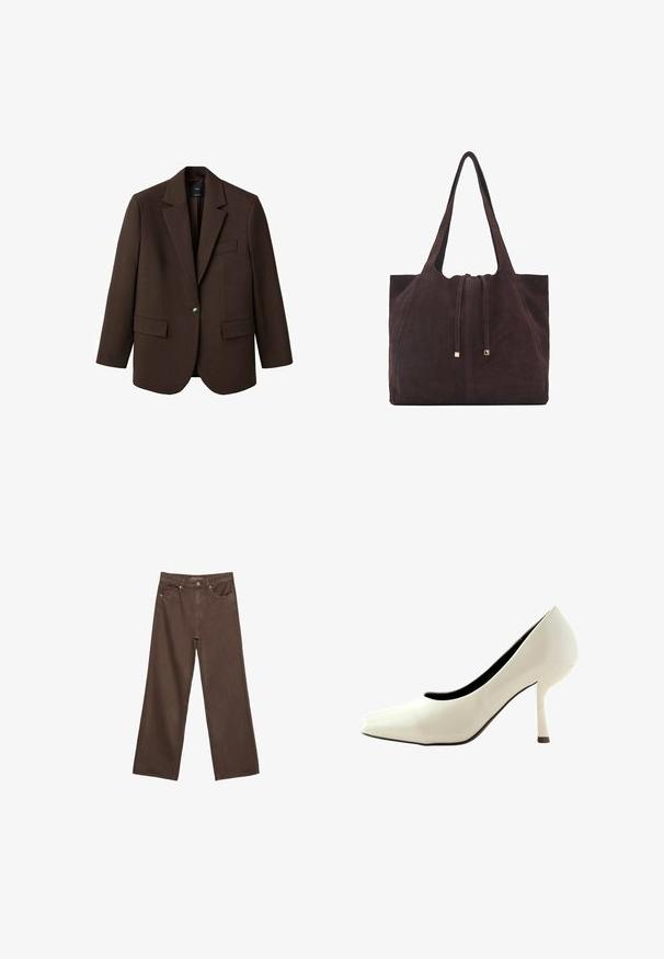 Rjav blazer s spodnjim ovratnikom, enojnim gumbom, dvema sprednjima žepoma in žepom na prsih. Narejen iz gladkega materiala in ima krojen dizajn.; Braun majica s kratkimi rokavi, izdelana iz mehkega bombaža. Ima okroglo ovratnico in širok kroj, z gladko teksturo in brez vidnih vzorcev.; Široke rjave kavbojke iz denima, ki imajo visok pas, sprednje žepe in klasično zapiranje na gumb. Gladka tekstura s subtilnim šivom.; Beli visoki čevlji na peto s špicastim nosom, gladka sijajna površina in ozka stiletto peta. Notranjost ima kontrastno črno podlogo.; Mango Torba za nakupovanje - dark brown