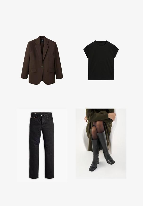 Brun blazer med klapkrave, enkelt knaplukning, to frontlommer og en brystlomme. Fremstillet i glat stof med en skræddersyet design.; Sort kortærmet T-shirt med rund hals og lige kant, præsenteret fladt på en hvid baggrund.; Sorte denimjeans med lige pasform, fem lomme-design og knaplukning. Har kobbernitter og syningsdetaljer.; Knæhøje sorte læder støvler med firkantet tå og blokhæl, vist med en model siddende i en olivengrøn frakke. Glat tekstur, minimal detaljer.