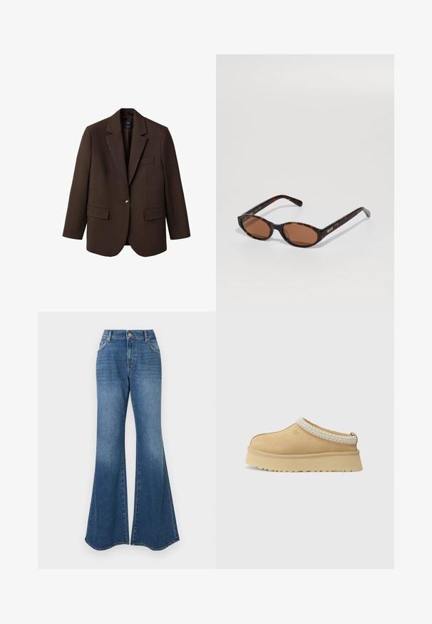 Brun blazer med klapkrave, enkelt knaplukning, to frontlommer og en brystlomme. Fremstillet i glat stof med en skræddersyet design.; To indtoppe: en i mørkebrun med ribbet tekstur og brede stropper, den anden i off-white, glat stof med lignende design.; Blå flagrende jeans i klassisk denimmateriale, høj talje og subtil falming med en bred ankelåbning, ingen synlige udsmykninger.; Tan ruskind slip-on sko med en polstret krave og en tekstureret lyseblå accent. Har en tyk, holdbar ydersål med et mønstret slidbane.; Skildpadde-mønstret ovale solbriller med brune linser, vinklet for at vise "QUAY" logoet på den højre stang mod en ensfarvet baggrund.