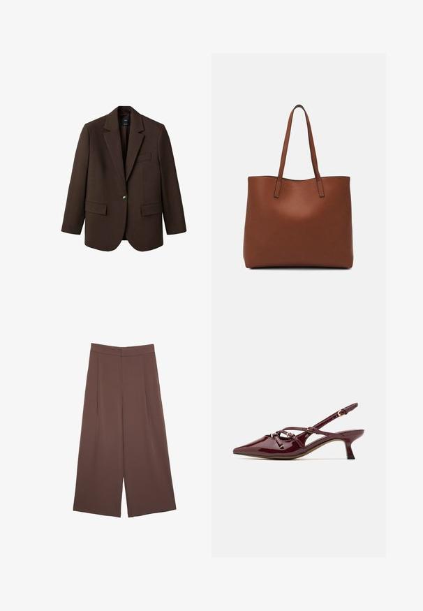 Blazer marrone con rever a punta, chiusura con un bottone, due tasche frontali e una tasca sul petto. Realizzato in tessuto morbido, con un design su misura.; Maglietta a maniche corte marrone realizzata in tessuto morbido, con scollatura rotonda e vestibilità rilassata. Nessun motivo o dettaglio visibile.; Pantaloni ampi marroni con una texture liscia, caratterizzati da una vita alta e pieghe frontali. Il tessuto è leggero e scorre liberamente.; Scarpa slingback in vernice bordeaux con punta affusolata, tacco basso, dettagli di cinturino decorativo e finitura lucida.; Borsa tote in pelle marrone con texture liscia, design con apertura superiore e due spallacci. Presenta cuciture minime e nessun hardware visibile.