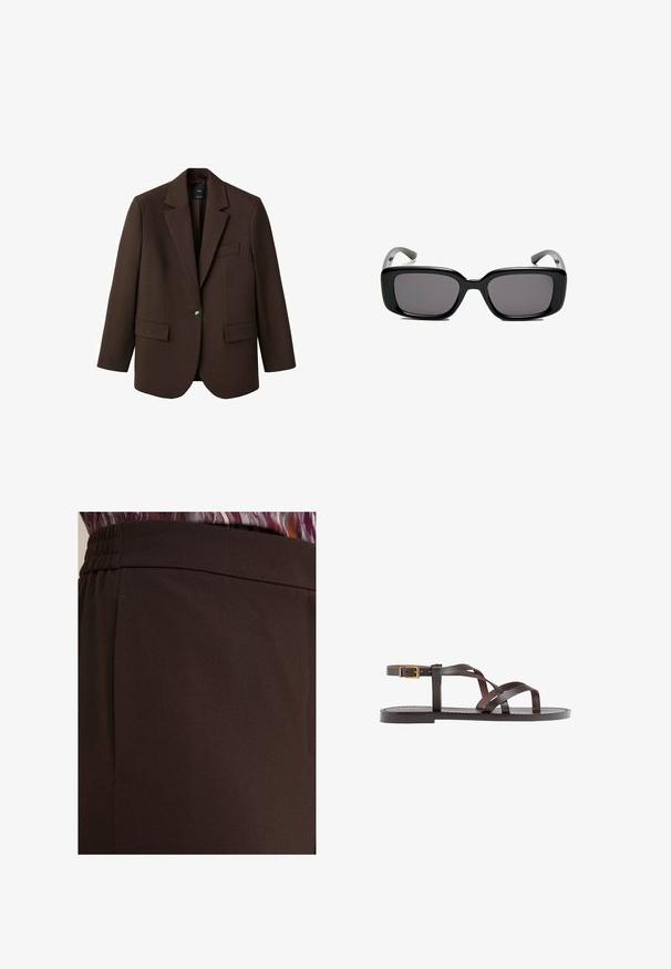 Brun kavaj med slag, enknapplåsning, två framfickor och en bröstficka. Tillverkad av ett slätt tyg och har en skräddarsydd design.; Brun kortärmad t-shirt i mjukt tyg, med rund halsringning och avslappnad passform. Inga synliga mönster eller detaljer.; Bruna, släta byxor med veckad midja och sidofickor. Närbild som betonar tygets flöde och designdetaljer.; Bruna lädersandaler med korsade remmar, spänne runt vristen och en platt sula med minimala sömnadsdetaljer.; Svarta rektangulära solglasögon med mörka linser, slimmad plastbåge och böjda tempel. Designen är kraftig med en minimalistisk estetik.