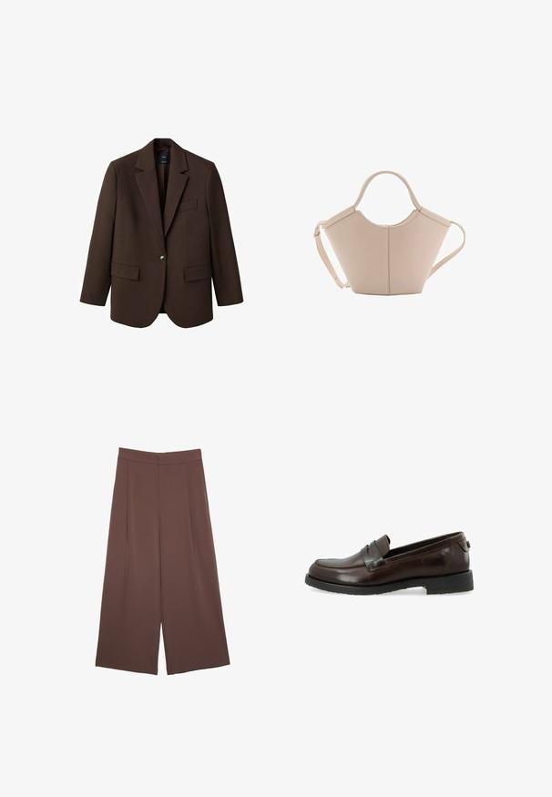 Blazer marrone con rever a punta, chiusura con un bottone, due tasche frontali e una tasca sul petto. Realizzato in tessuto morbido, con un design su misura.; Maglietta a maniche corte beige chiaro con scollatura rotonda, realizzata in un tessuto morbido e liscio. Presenta una vestibilità comoda e un orlo dritto.; Pantaloni ampi marroni con una texture liscia, caratterizzati da una vita alta e pieghe frontali. Il tessuto è leggero e scorre liberamente.; Mocassini in pelle marrone con finitura liscia, un design con punta cucita e una suola bassa in gomma nera. Presentano un dettaglio decorativo a fascia.; Borsa in pelle beige con una forma unica, caratterizzata da due manici corti e una lunga tracolla regolabile. Texture liscia con hardware minimale.