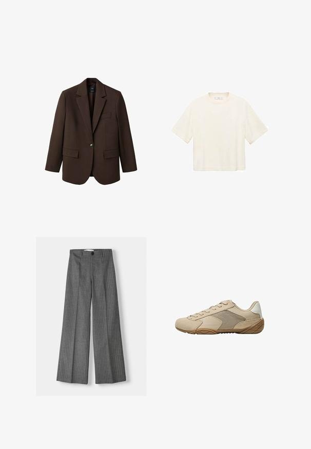 Smeđi sako s izrezanim reverom, s jednim kopčanjem, s dva prednja džepa i jednim džepom na prsima. Napravljen od glatkog materijala, s oblikovanim dizajnom.; Majica s kratkim rukavima, skraćena, u boji starog bijelog. Izrađena od mekog materijala s okruglim izrezom i ležernim krojem. Nema vidljivih uzoraka ili metalnih detalja.; Sive široke hlače s uzorkom prugica, s kopčanjem na gumb i dva prednja džepa. Izrađene od teksturiranog materijala.; Bež sportski tenisice s gornjim dijelom od suedea i mrežice, teksturiranim gumenim potplatom i ravnim vezicama. Glatki naglasci na peti s dizajnom okruglog prsta.