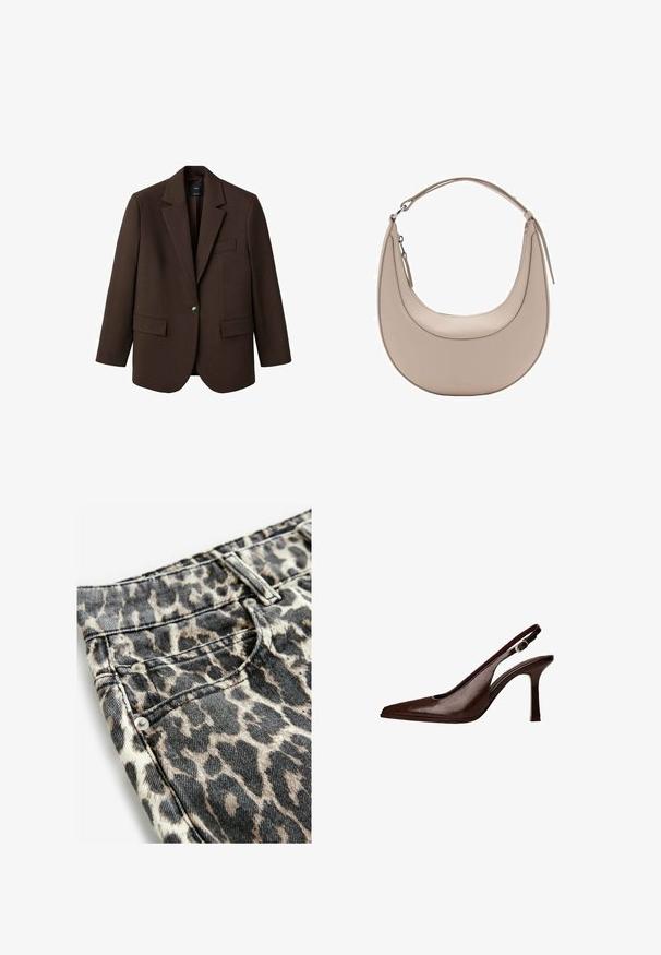 Brauner Blazer mit Reverskragen, einem einreihigen Knopfverschluss, zwei vorderen Taschen und einer Brusttasche. Hergestellt aus glattem Stoff, mit taillierter Passform.; Weißes T-Shirt mit kurzen Ärmeln aus Baumwolle. Hat einen Rundhalsausschnitt und eine lockere Passform. Glatte Textur ohne sichtbare Muster oder Akzente.; Tiermuster-Jeans mit einem beigen und schwarzen Muster, hergestellt aus Denim mit strukturiertem Finish, versehen mit silberfarbener Hardware und Nähten.; Braune Leder-Slingback-Pumps mit spitzer Zehenform und dünnem Absatz. Sie verfügen über eine kleine Akzent-Schnalle am Riemen und eine glänzende Oberfläche.; Beige Leder Schultertasche in Halbmondform, mit glatter Oberfläche und einem geschwungenen Henkel. Verfügt über einen Reißverschluss und saubere Nähte.