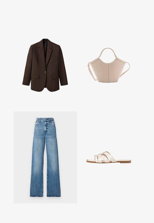 Smeđi sako s izrezanim reverom, s jednim kopčanjem, s dva prednja džepa i jednim džepom na prsima. Napravljen od glatkog materijala, s oblikovanim dizajnom.; Bijela majica kratkih rukava od pamuka. Ima okrugli izrez i opušteni kroj. Glatka tekstura bez vidljivih uzoraka ili naglasaka.; Široke traperice svijetlo plave boje, s visokim strukom, dizajnom s pet džepova i vidljivim detaljima šivanja. Tkanina pokazuje izblijedjeli izgled.; Ravne sandale s smeškom od gume, dizajnirane s tri preklapajuće bele kožne trake i malim detaljem mašne u sredini.; Bež kožna torba jedinstvenog oblika, s dva kratka ručka i dugom podesivom trakom. Glatka tekstura s minimalnim metalnim dodacima.